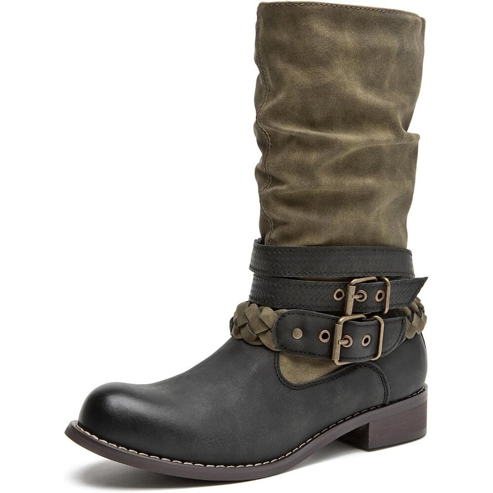 Women's Green SelRoys Mid-Calf Motorcycle Riding Boots Buckle Straps Pull-On